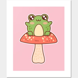 Cute Frog Setting on a Mushroom Kawaii Cottagecore Posters and Art